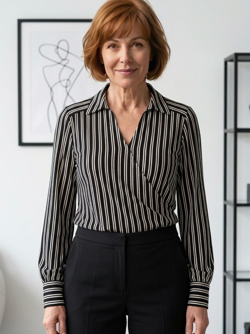 Adrianna Papell Black and White Vertical Stripe Wrap Blouse